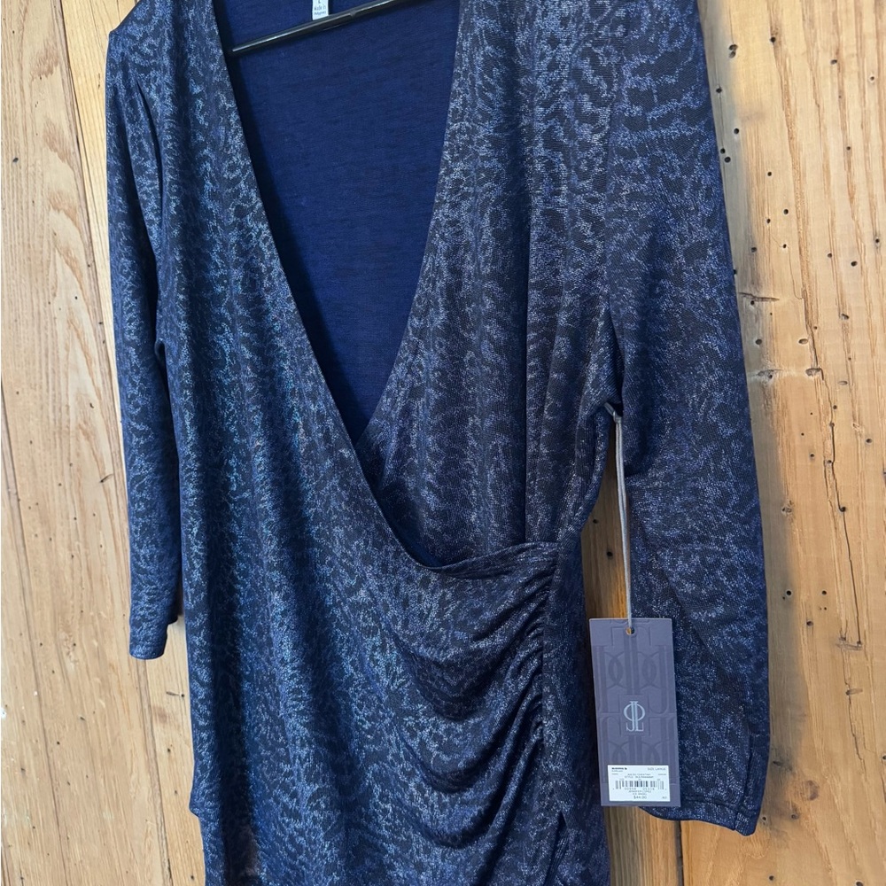 Jennifer Lopez Navy Blue Metallic Wrap-Style Blouse - Picture 2 of 7